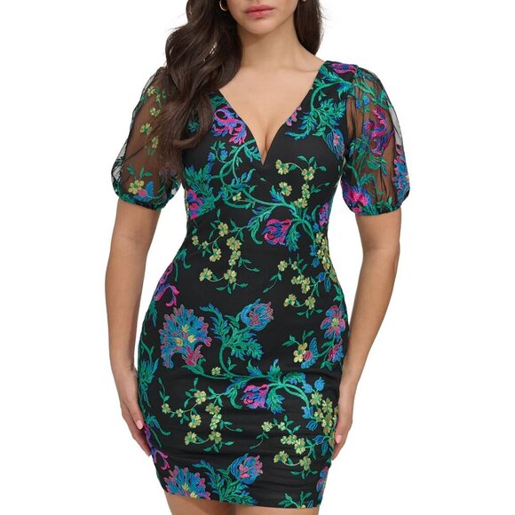 NWT Siena Floral Embroidered Mesh V-Neck Short Puff Sleeve Mini Dress - Picture 1 of 3